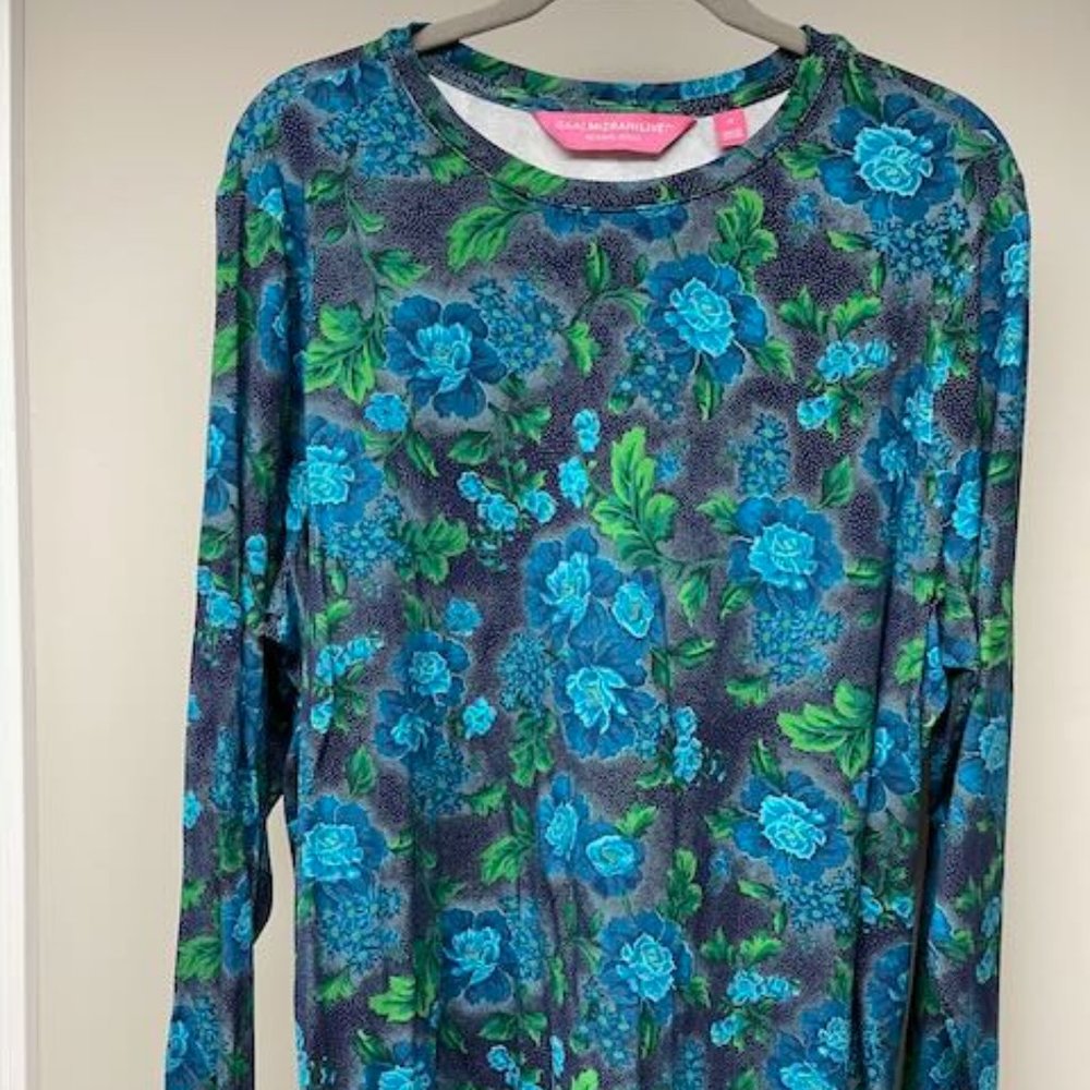 Women's long-sleeved Isaac Mizrahi round neck t- shirt/tunic size 2x, navy/turq.
